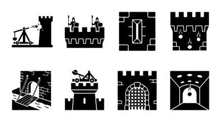 Medieval castle siege icons set, black solid fortress defense symbols, 8 vector elements featuring catapults, drawbridges, and knight guards © AminulHaque