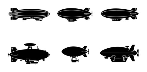 Vintage blimp silhouette set, retro zeppelin airship icons, collection of 6 black dirigible flying vehicles for aviation design © Ruma