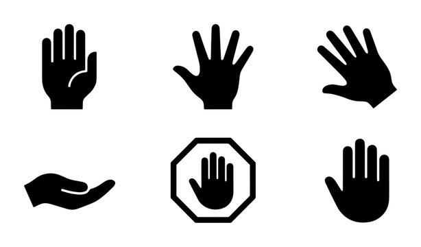 Minimalist hand gesture icon set, black silhouette human palm and stop sign symbols, 6 vector elements for UI design and safety warnings