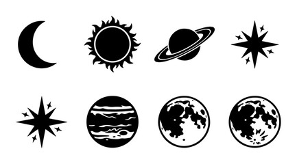 Celestial space icons set, black silhouette astronomical symbols of sun moon and planets, minimalist galaxy vector elements for astrology and science © Tanzina
