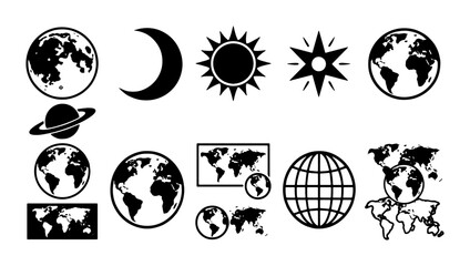 Minimalist celestial and world map icon set, black silhouette earth globes and space symbols, 14 vector elements for astronomy and geography © Shohag