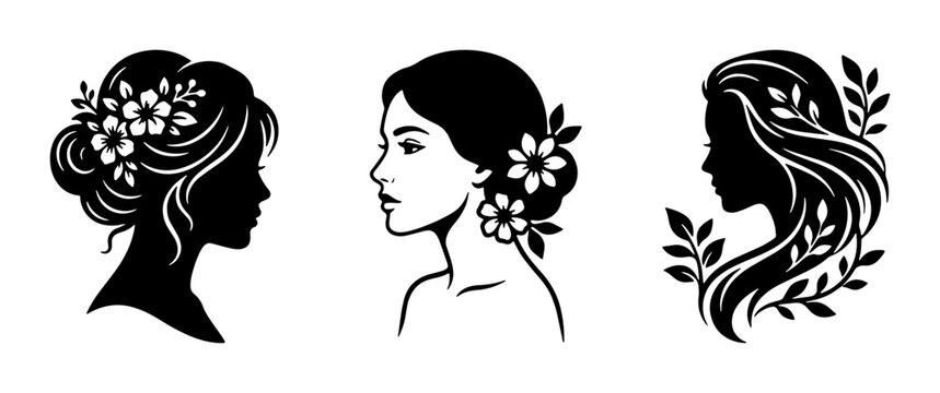 Elegant woman silhouette set with floral hair accessories, feminine profile portraits with flowers and leaves, black and white beauty vector icons