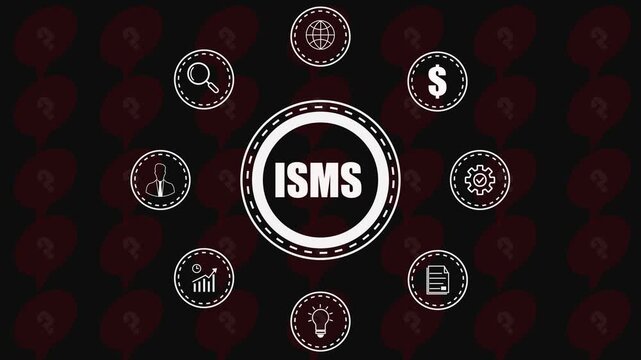 I S M Business Concept Surrounded by Question Marks on Dark Background white magnifying glass.