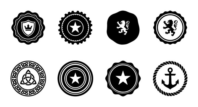 Vintage heraldic badges and premium quality seals, set of 8 black vector icons, classic crest emblems with lion crown star and anchor symbols