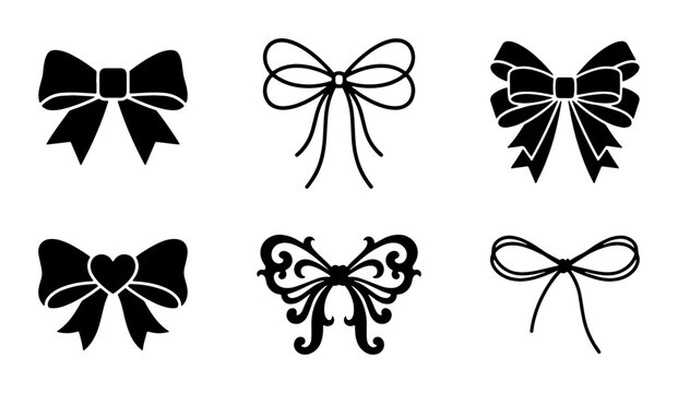 Black ribbon bow icons set, elegant decorative gift bows collection, 6 vector ribbon silhouettes for wedding invitations and holiday packaging