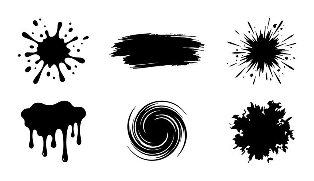 Black ink splat and paint drip vector set, 6 grunge brush stroke elements, liquid splash and swirl silhouettes for artistic design