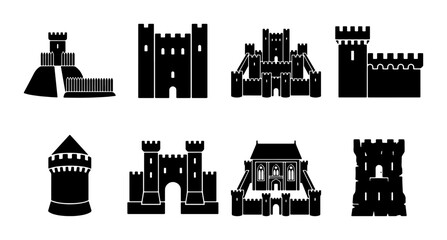 Medieval castle silhouette icons, set of 8 fortress vector elements, ancient stone tower and citadel symbols for historical gaming and logo design © Hasanu