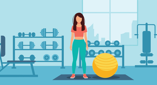 Fit young woman standing in a modern gym environment equipped with weight racks, dumbbells, a yellow exercise ball, and a professional weight bench.