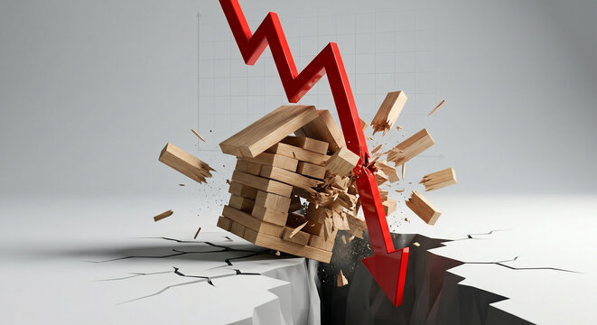 Model houses falling into a deep ground crack with red declining arrow, real estate market crash and property devaluation concept.