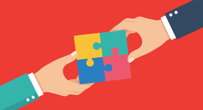Hands in professional business suits collaborating to connect four colorful puzzle pieces against a vibrant red background for teamwork themes.