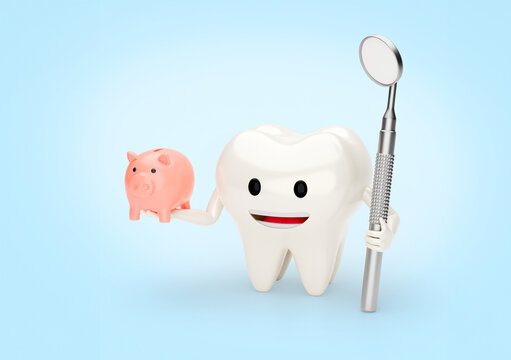 Piggy bank and tooth with dental mirror. Saving the budget for the dentist. 3d render