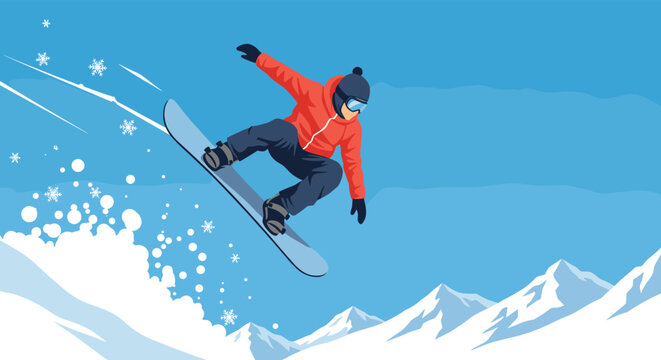 Energetic snowboarder performing a jump in the snowy mountains with snowflakes and blue sky in the background for sports.