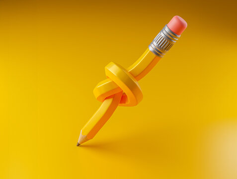 Pencil knot. A pencil tied in a knot on a yellow background. 3d render
