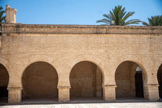 Arched openings for the patio around the courtyard of the Great Mosque in the medina, in Sousse, Tunisia