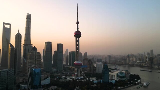 The skyscraper of Oriental Pearl TV Tower in Pudong landmarks is a district of Shanghai, China, located east of the Huangpu River across from the historic city.