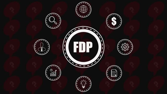 Financial Development Surrounded by Business and Technology Symbols on Dark Background with Question Marks.