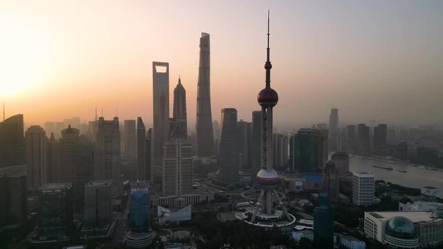 The skyscraper of Oriental Pearl TV Tower in Pudong landmarks is a district of Shanghai, China, located east of the Huangpu River across from the historic city.