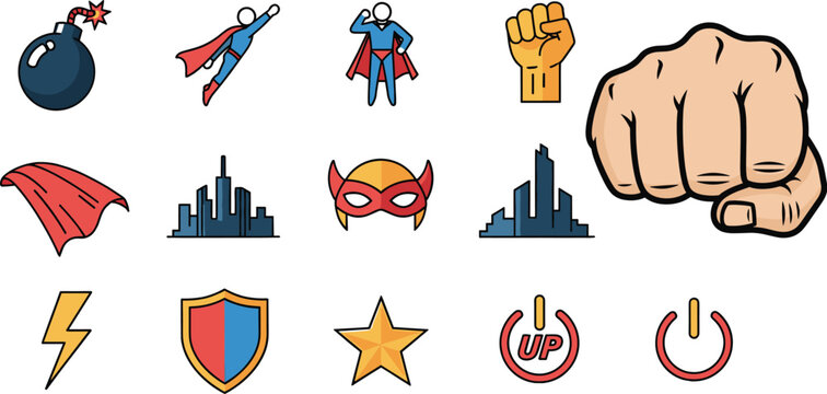 Superhero Icon Set Featuring Dynamic Poses, Power Symbols, and Action Elements for Comics, Branding, and Digital Media Projects