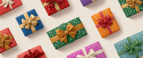 Fototapeta premium Joyful holiday celebration presents wrapped in vibrant gift boxes with ribbons on white background