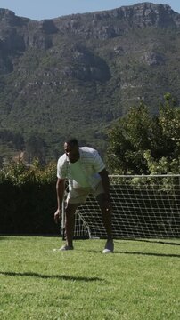 Vertical video: Lunging keeper in striped shirt as youth kicking ball into goal trying to score