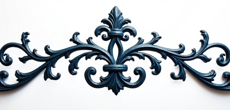 Dark ornate wrought iron flourish detail with scrolling leaves and fleur de lis motifs. Decorative metalwork element on white background, classic design.