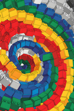 Abstract LEGO background with colorful spirals and circular patterns creating dynamic movement and flow