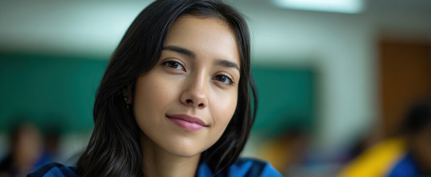 Joven profesora latina con pelo lacio ense&ntilde;a en un aula brillante y moderna.