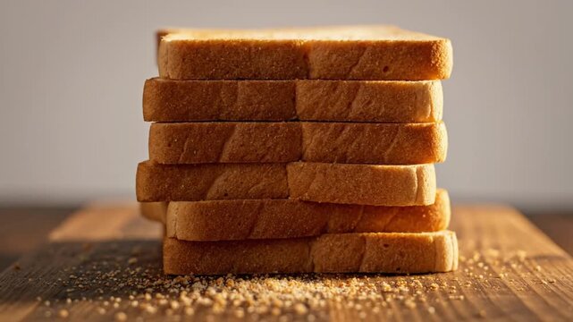 A slow-motion cinematic shot of golden-brown toasted bread slices falling one by one onto a stack on a wooden cutting board. The video features high-detail crumbs scattering upon impact under warm, pr