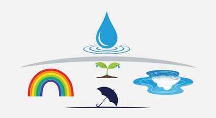 Naklejka premium Water cycle elements drop, sprout, rainbow, puddle, umbrella