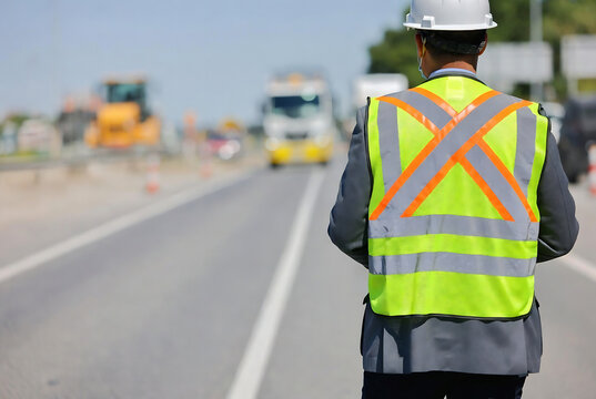 A construction worker stands on a highway, overseeing roadwork. He is observing traffic and construction equipment in a roadway environment.