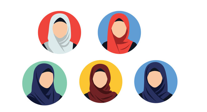 Collection of diverse female avatars wearing colorful hijabs inside circular frames representing different Muslim women.