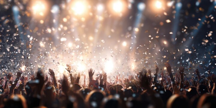 The Concert Crowd Celebrating Under Confetti and Dramatic Stage Lighting and Glow