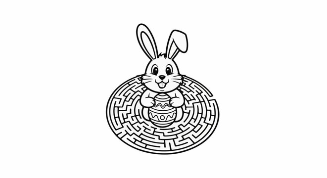 A cute cartoon bunny holds an Easter egg in a circular maze