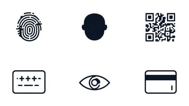 Digital Authentication Icons: A collection of concise, modern icons representing various methods of digital authentication, including fingerprint, face recognition, QR code, card, iris scan, and card.
