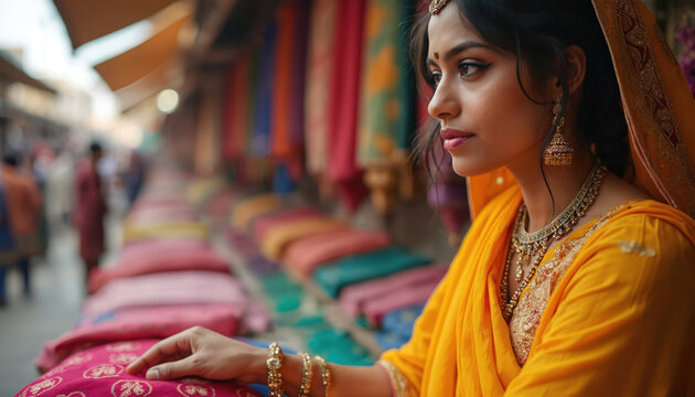 Young Indian woman in yellow sari shops for vibrant textiles at a busy outdoor market. She wears traditional jewelry, looking thoughtful amid colorful fabric displays. People walk in background.