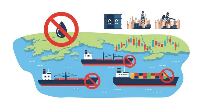 Oil embargo and trade sanctions illustration, cargo ships with red prohibition signs on sea map, global petroleum export ban and energy crisis concept