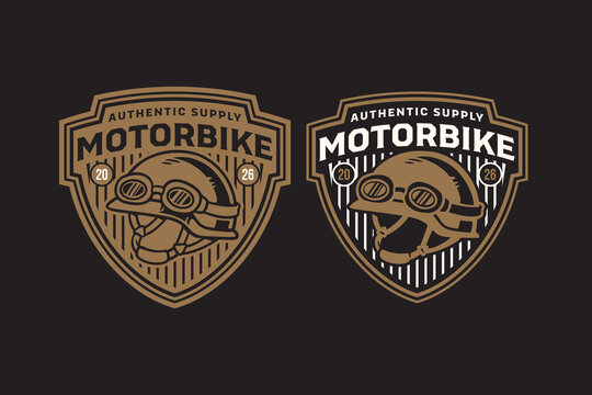 Classic rider helmet with goggles retro badge logo design set for motorbike. Biker helmet vintage patch sticker pack for racing. Helmet and goggles rustic emblem element designs for custom garage