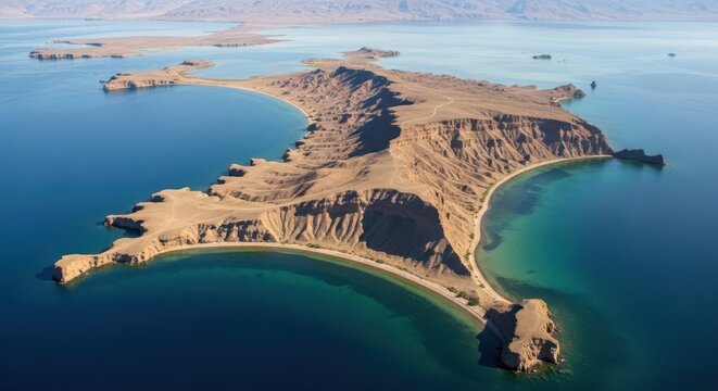 Aerial view of desert island in turquoise sea, rugged volcanic coastline with sandy beaches, arid rocky landscape surrounded by blue ocean water