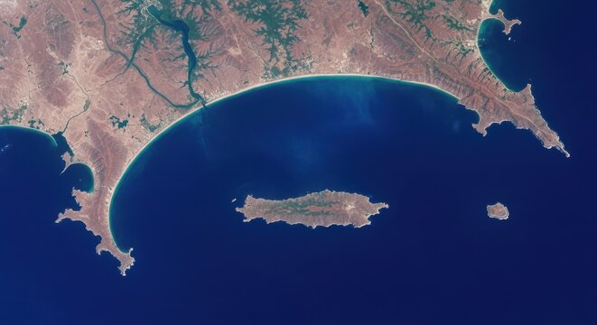 Satellite view of coastal bay and islands, aerial perspective of ocean shoreline and peninsula, topographic earth observation photography