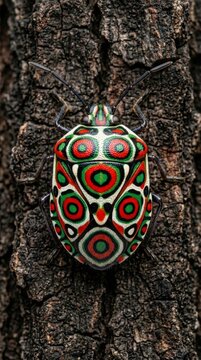 Picasso bug Sphaerocoris annulis on tree bark macro