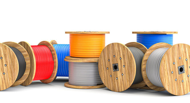 Many colored cables on wooden spools 3d