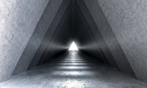 Tunnel leading to bright triangular light exit 3d