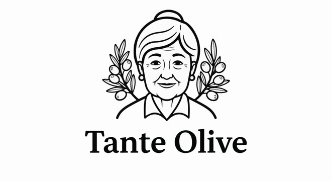 Stylized portrait of a smiling older woman with olive branches