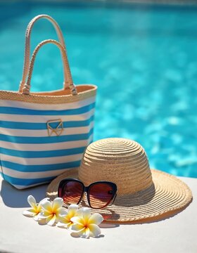Beach tote straw hat and sunglasses rest poolside next to tropical plumeria flowers. Bright summer day invites relaxation near clear blue water.