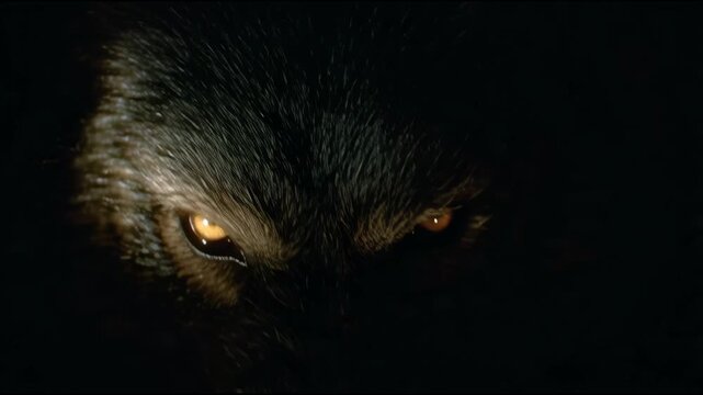 Ferocious Werewolf Face Snarling with Glowing Eyes in Darkness