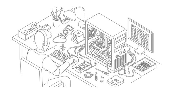 Computer hardware, desktop workspace, computer parts, IT equipment, technology setup