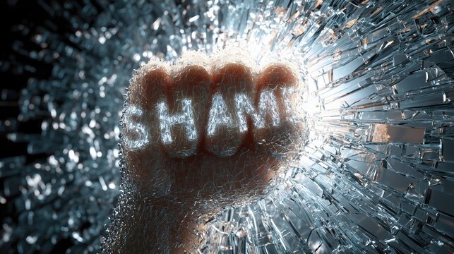 National Silence the Shame Day: Abstract realism concept of a glass wall with the word SHAME etched into it shattering into thousands of pieces, a determined person's fist breaking through
