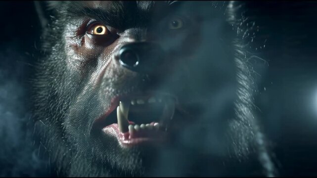 Ferocious Werewolf Roaring in a Dark Foggy Night Cinematic Close Up