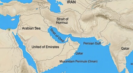 Naklejka premium Middle East geographic map, Persian Gulf and Strait of Hormuz regional chart, topographic physical map of Arabian Peninsula for news and education