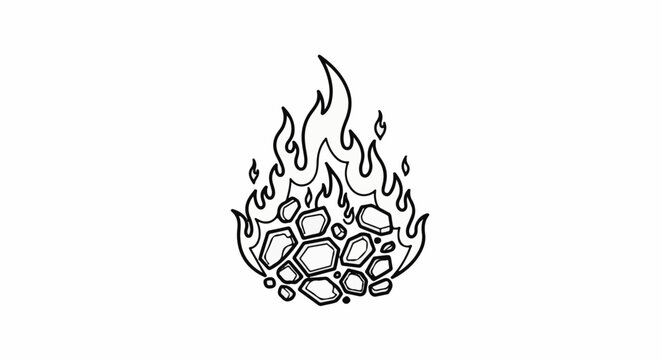 A hand-drawn black and white depiction of a campfire with flickering flames